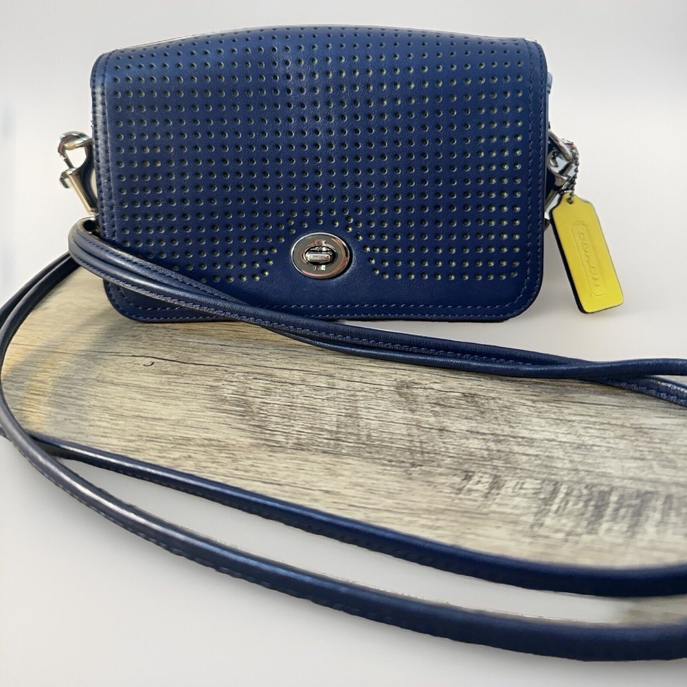 Coach Legacy Penny Navy Blue Perforated Leather Crossbody Bag Purse